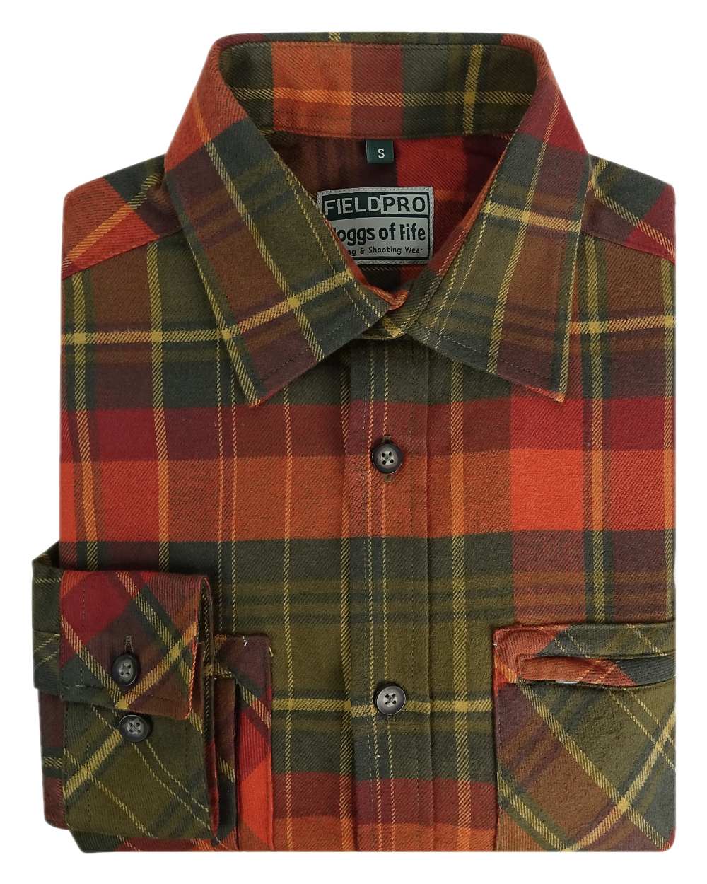 Autumn Green Orange Coloured Hoggs of Fife Luxury Cotton Hunting Shirt on white background #colour_autumn-green-orange