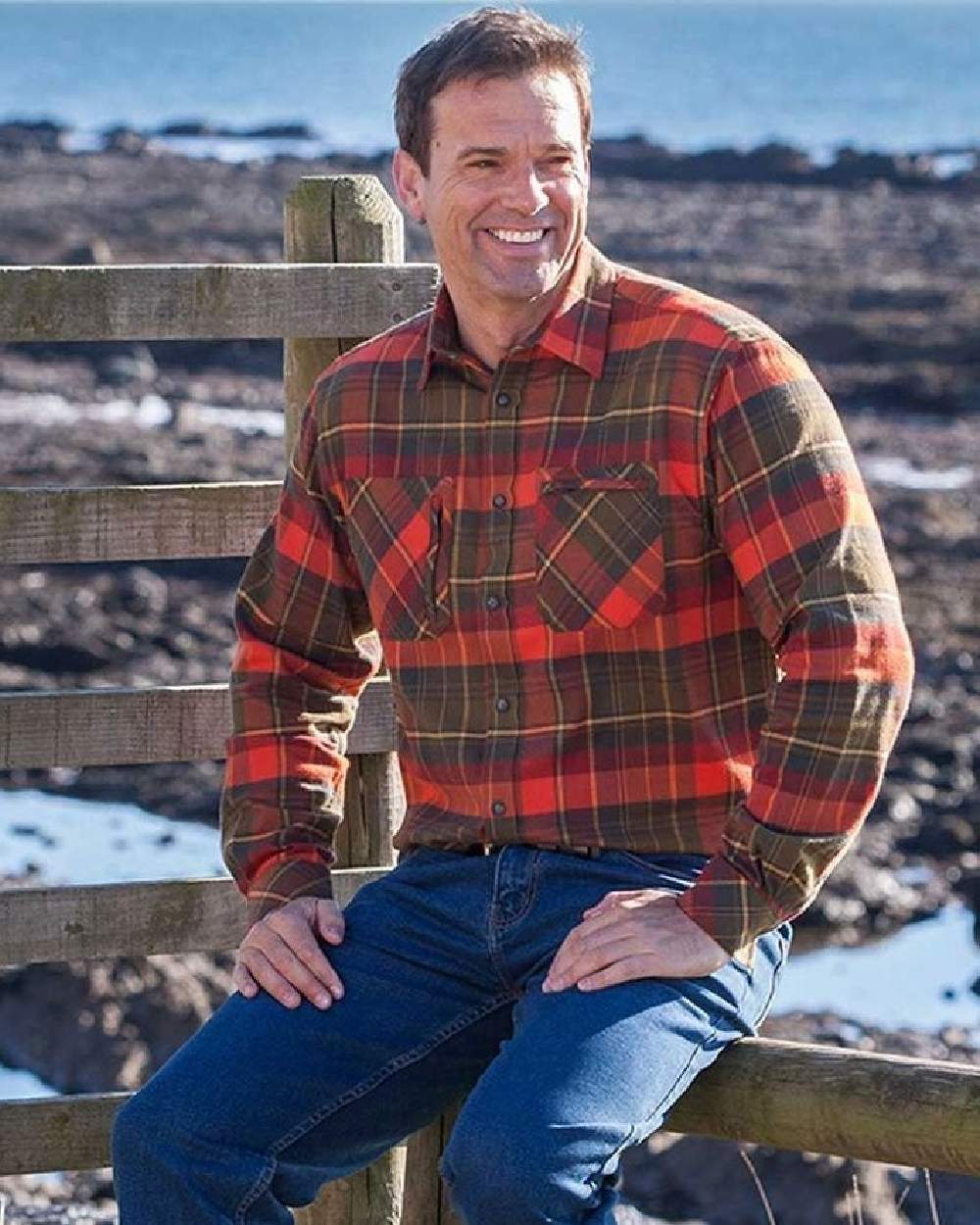 Autumn Green Orange Coloured Hoggs of Fife Luxury Cotton Hunting Shirt on coastal background #colour_autumn-green-orange