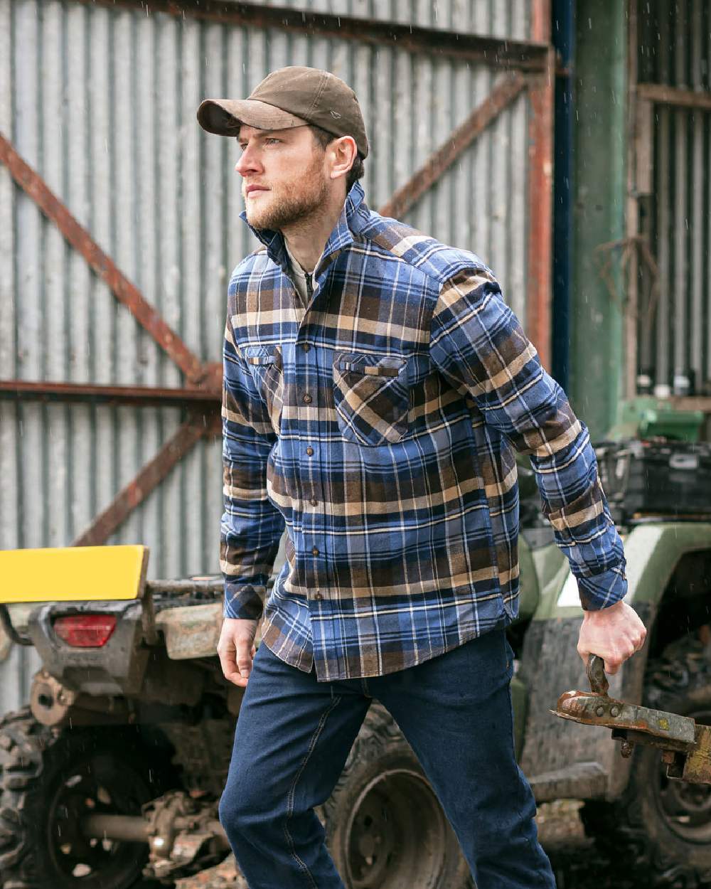 Countrysport Blue Brown Coloured Hoggs of Fife Luxury Cotton Hunting Shirt on tractor background #colour_countrysport-blue-brown