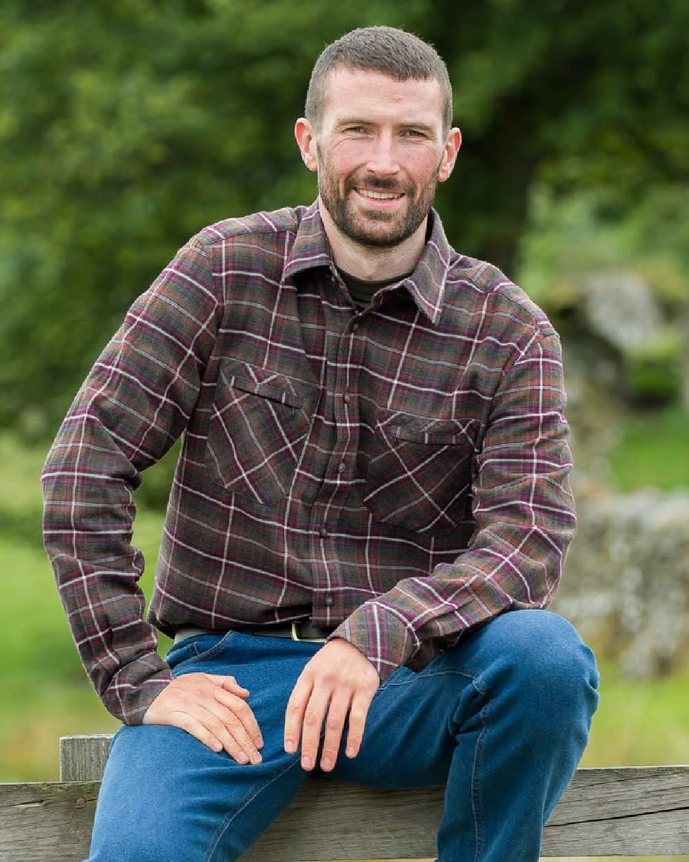 Countrysport Olive Wine Coloured Hoggs of Fife Luxury Cotton Hunting Shirt on forest background #colour_countrysport-olive-wine
