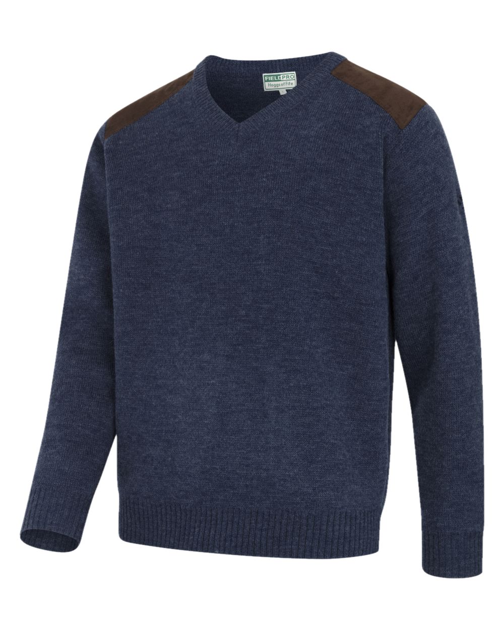 Storm Blue coloured Hoggs of Fife Melrose II V Neck Pullover on white background #colour_storm-blue