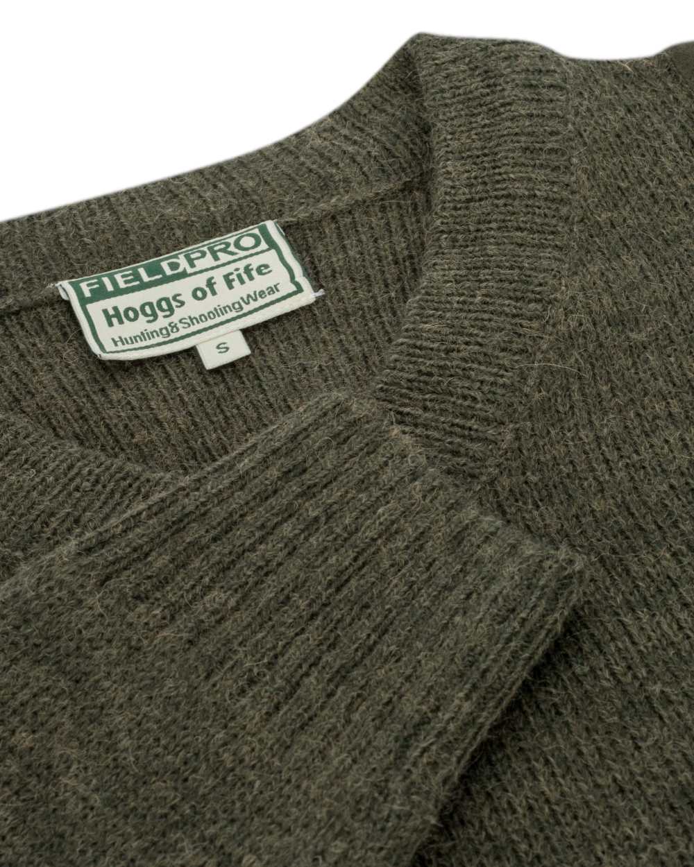 Loden Coloured Hoggs of Fife Melrose V-Neck Hunting Pullover on white background #colour_loden