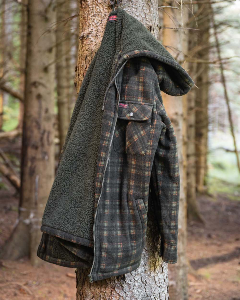 Green Coloured Hoggs of Fife Mens Caithness Hooded Fleece Shacket on outdoor background #colour_green