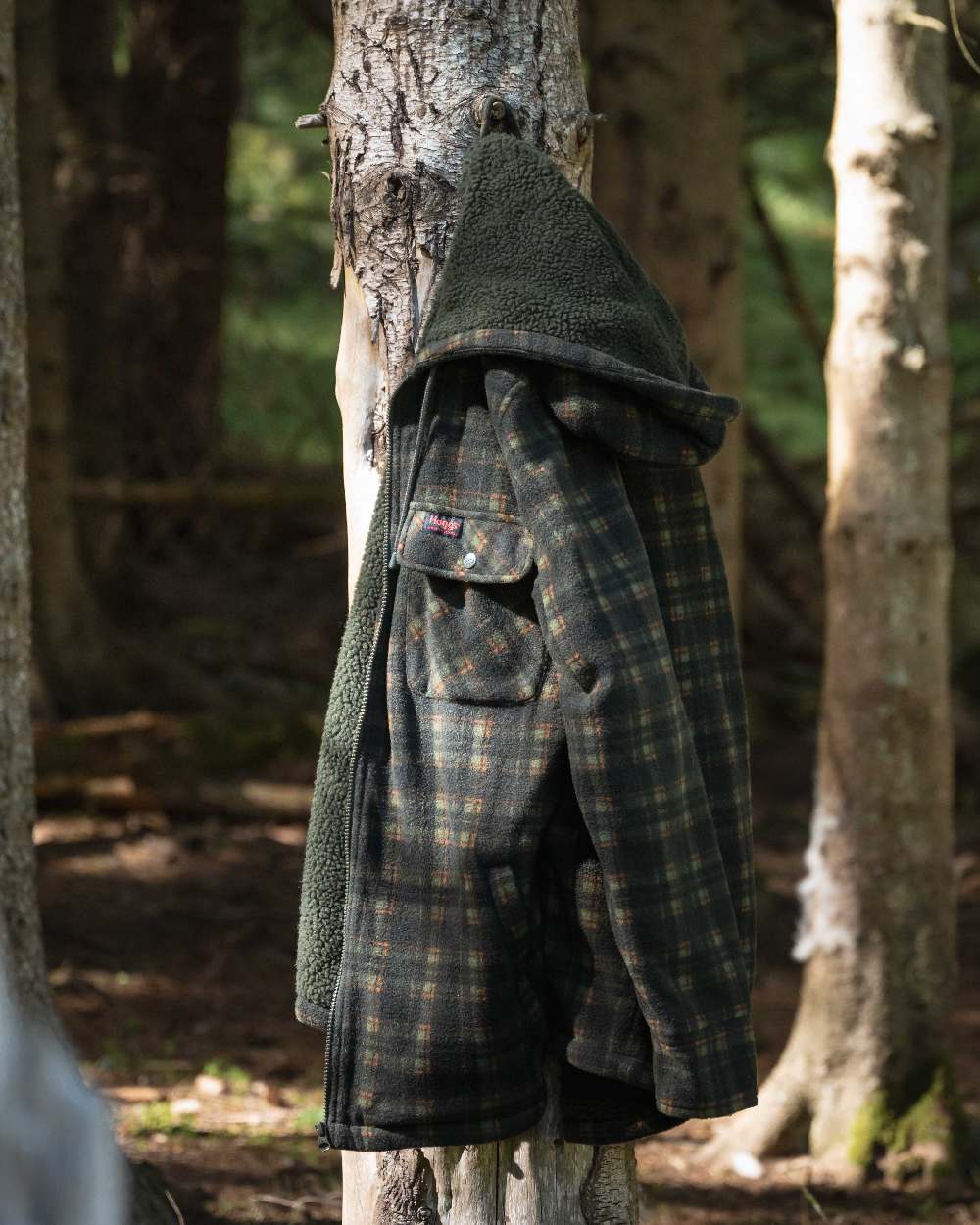 Green Coloured Hoggs of Fife Mens Caithness Hooded Fleece Shacket on outdoor background #colour_green