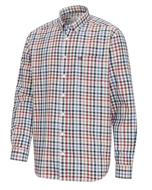 Navy Red Olive Coloured Hoggs of Fife Mens Douglas Twill Shirt on white background #colour_navy-red-olive
