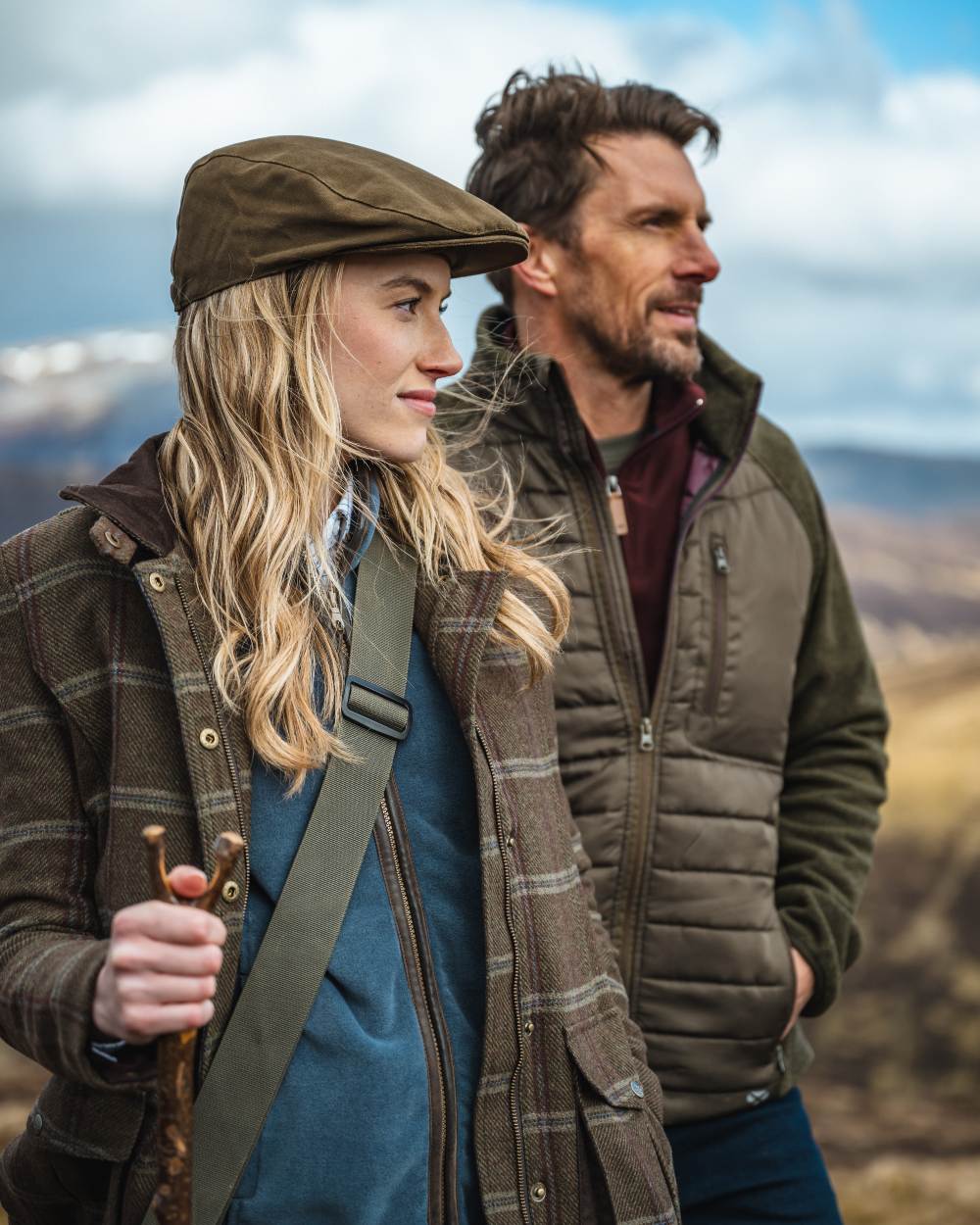 Dark Forest Marl Coloured Hoggs of Fife Mens Melville Hybrid Jacket on blurry background #colour_dark-forest-marl