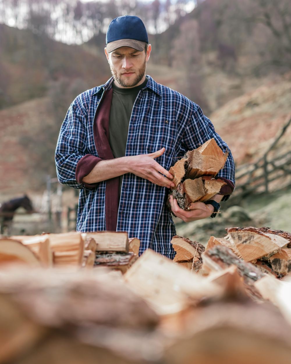 Bark Navy Brown Check Coloured Hoggs of Fife Micro Fleece Lined Shirt on forest background #colour_bark-navy-brown-check