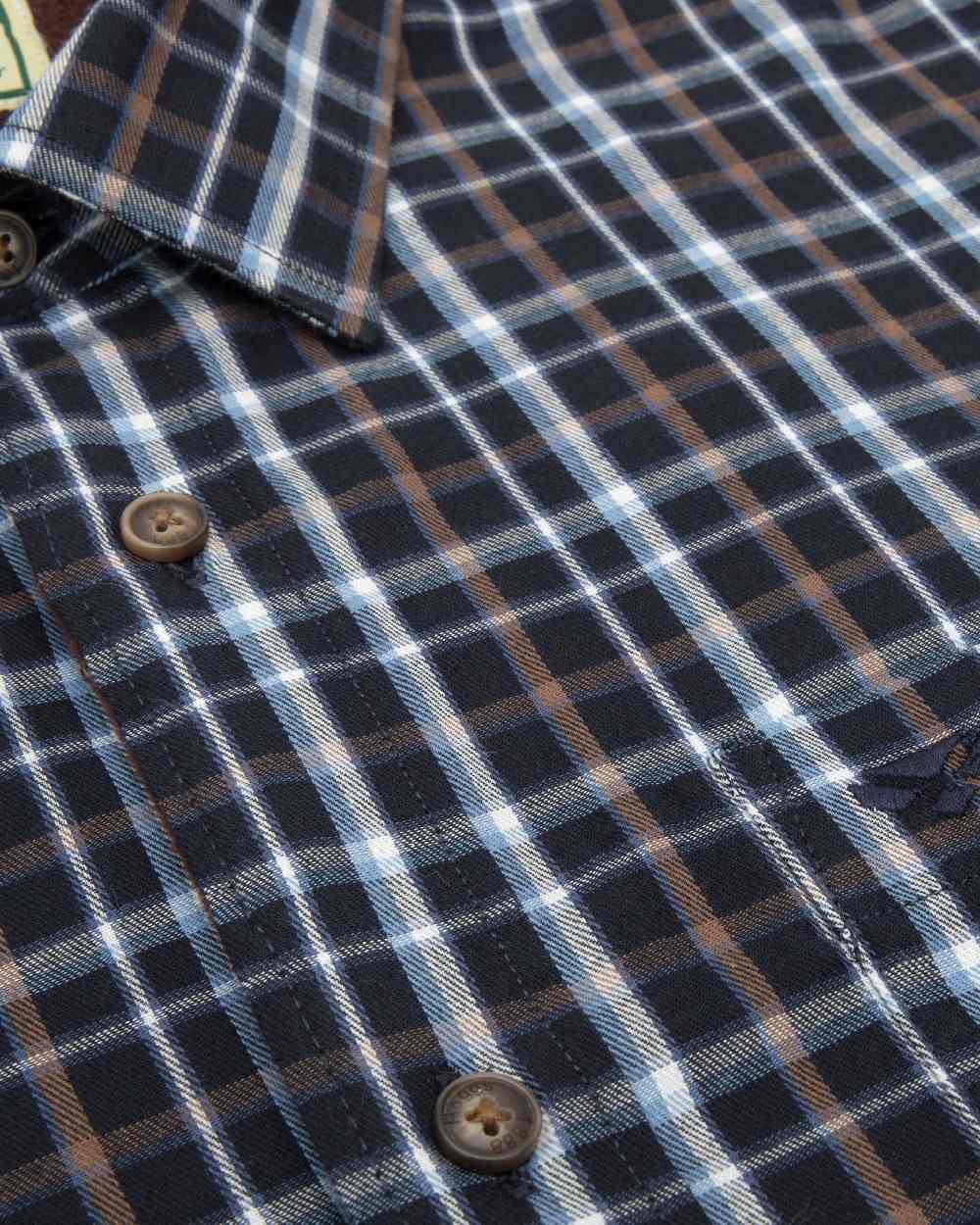 Bark Navy Brown Check Coloured Hoggs of Fife Micro Fleece Lined Shirt on white background #colour_bark-navy-brown-check