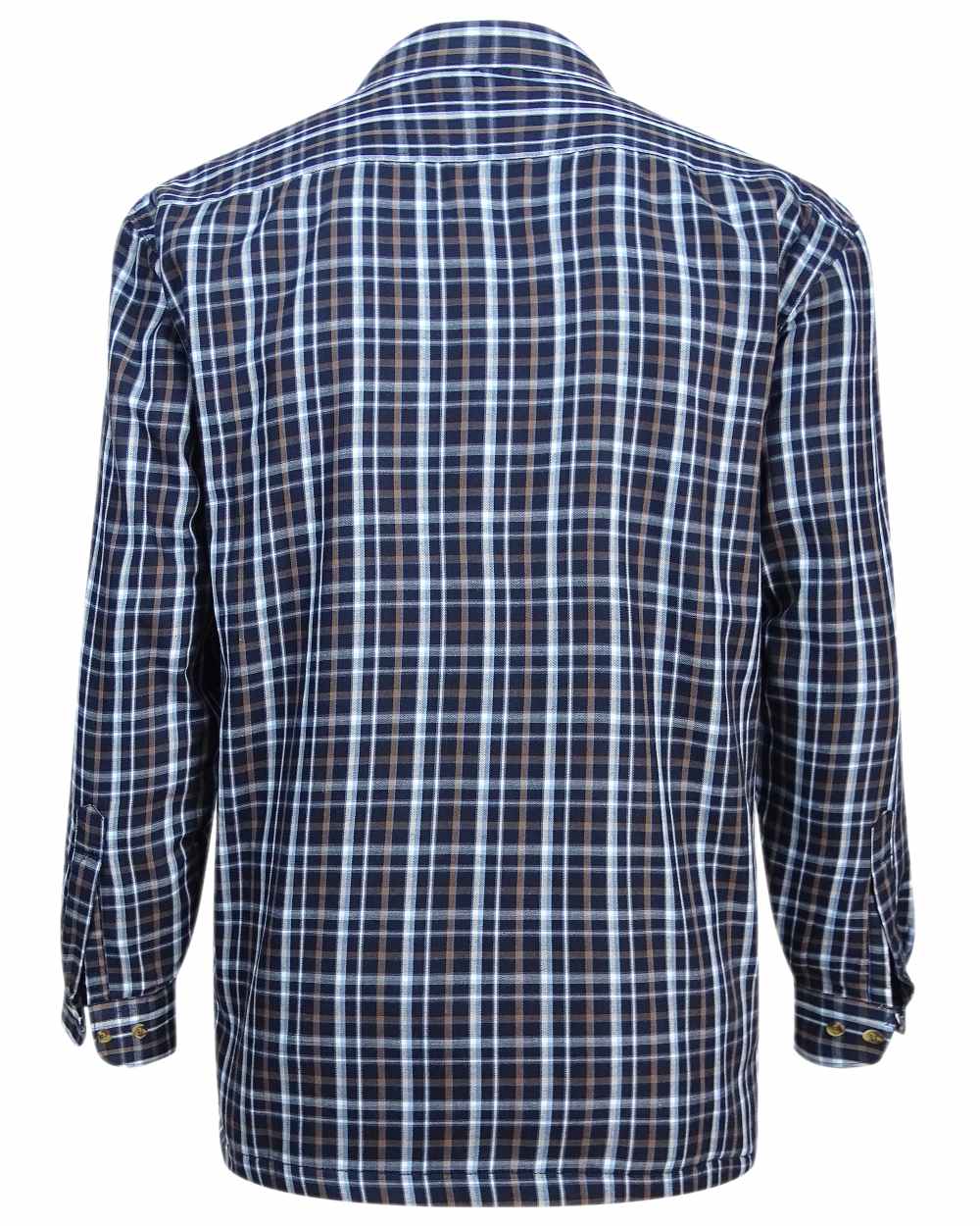 Bark Navy Brown Check Coloured Hoggs of Fife Micro Fleece Lined Shirt on white background #colour_bark-navy-brown-check