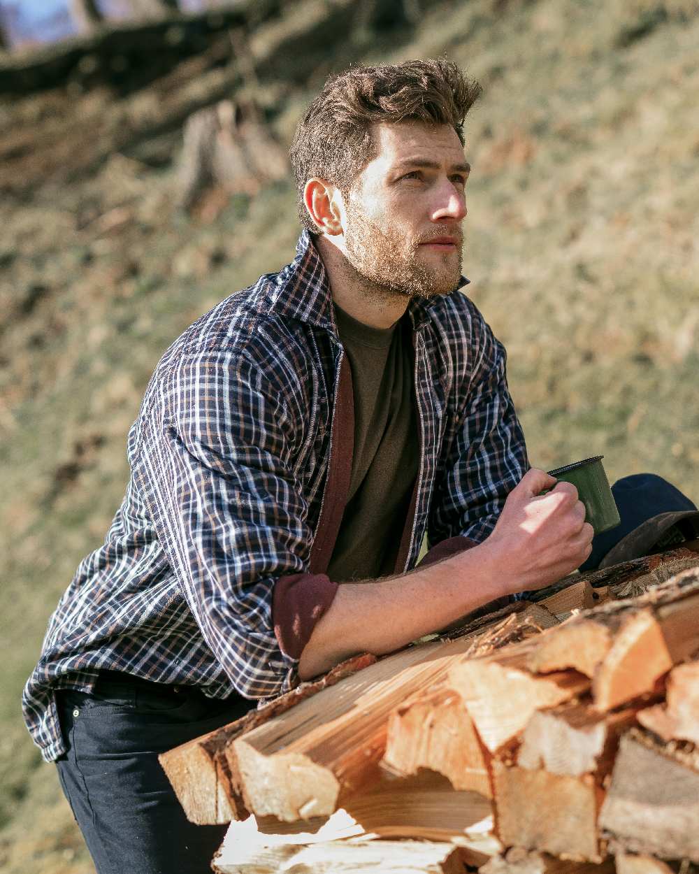 Bark Navy Brown Check Coloured Hoggs of Fife Micro Fleece Lined Shirt on forest background #colour_bark-navy-brown-check