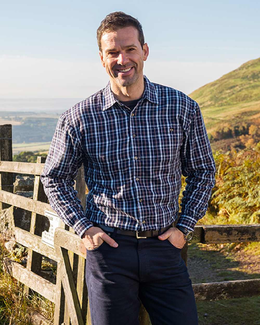 Bark Navy Brown Check Coloured Hoggs of Fife Micro Fleece Lined Shirt on mountain background #colour_bark-navy-brown-check
