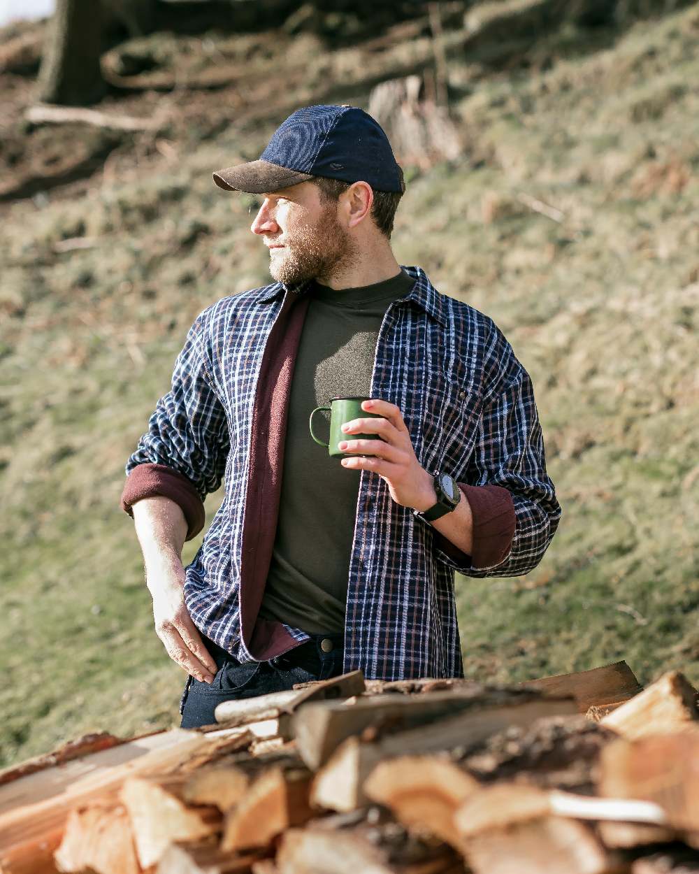 Bark Navy Brown Check Coloured Hoggs of Fife Micro Fleece Lined Shirt on forest background #colour_bark-navy-brown-check