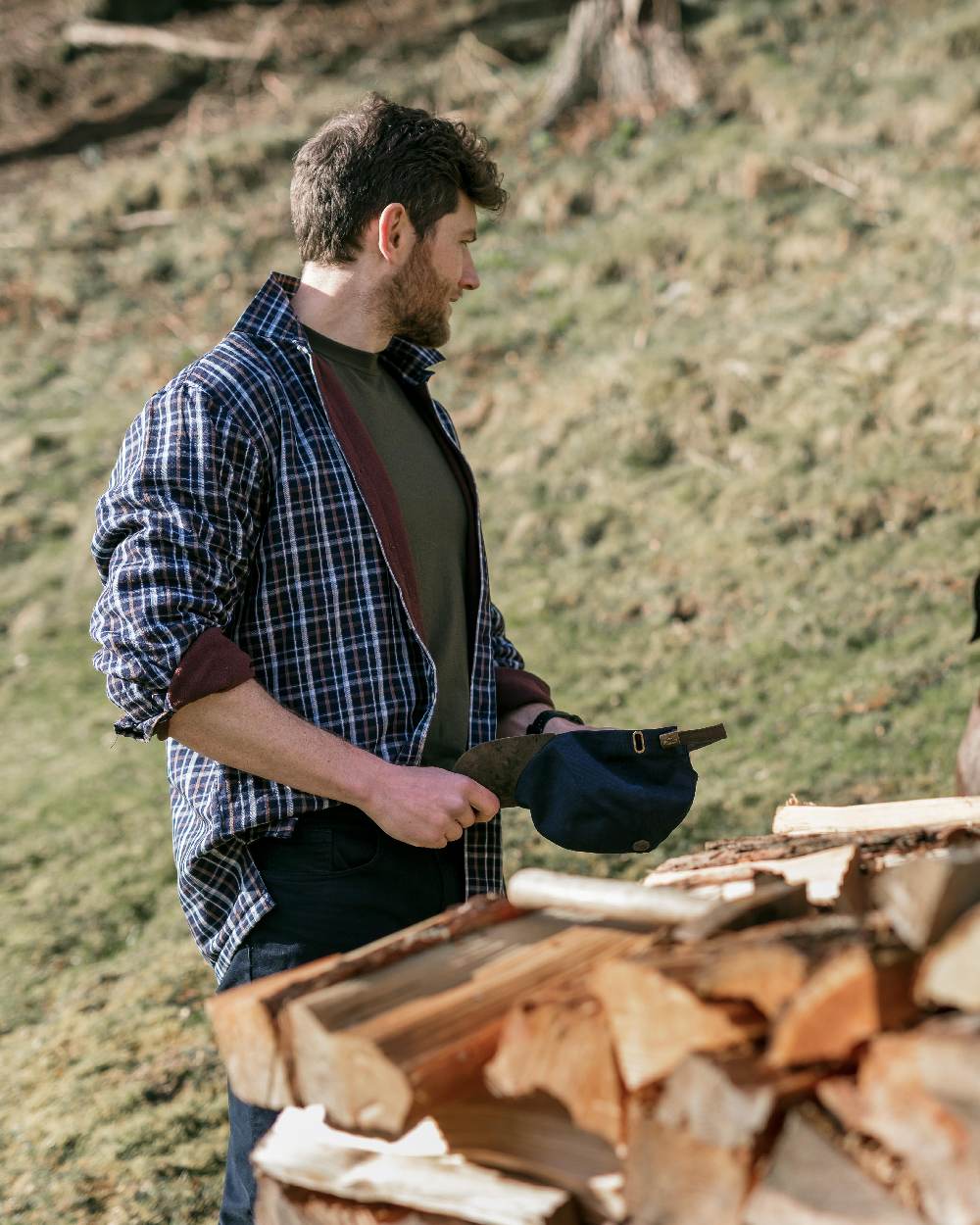 Bark Navy Brown Check Coloured Hoggs of Fife Micro Fleece Lined Shirt on forest background #colour_bark-navy-brown-check