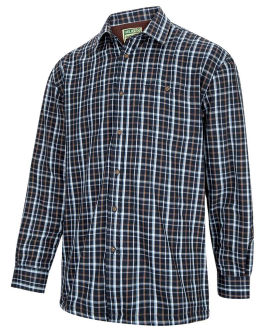 Bark Navy Brown Check Coloured Hoggs of Fife Micro Fleece Lined Shirt on white background #colour_bark-navy-brown-check
