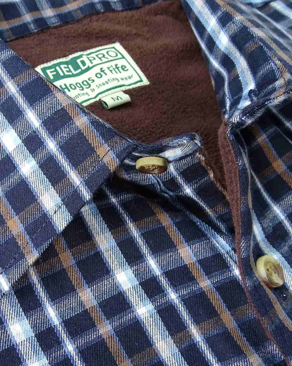 Bark Navy Brown Check Coloured Hoggs of Fife Micro Fleece Lined Shirt on white background #colour_bark-navy-brown-check