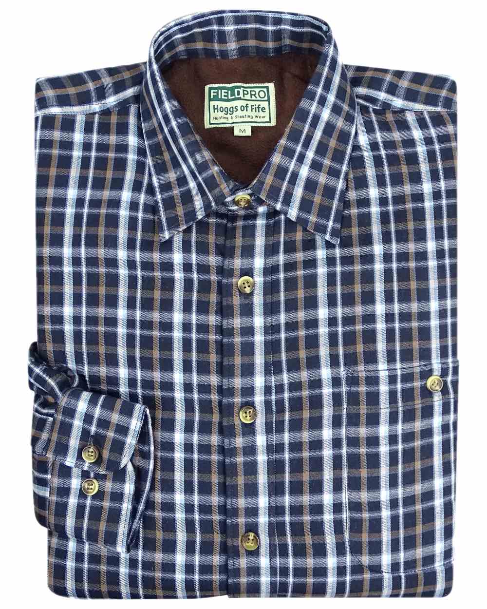 Bark Navy Brown Check Coloured Hoggs of Fife Micro Fleece Lined Shirt on white background #colour_bark-navy-brown-check