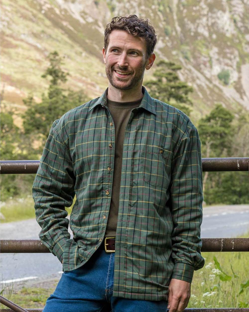 Beech Green Check Coloured Hoggs of Fife Micro Fleece Lined Shirt on mountain background #colour_beech-green-check