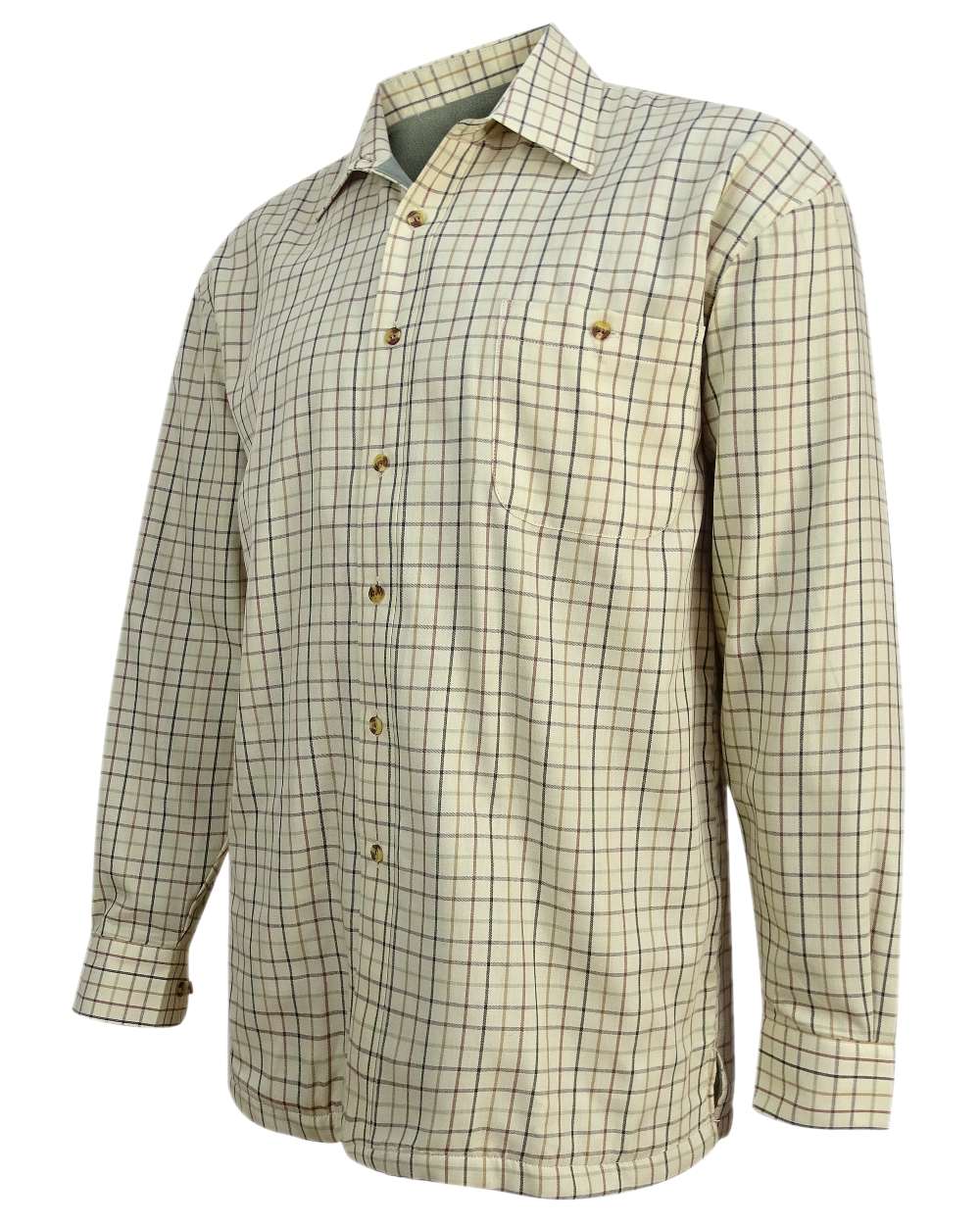 Birch Olive Tan Tattersall Coloured Hoggs of Fife Micro Fleece Lined Shirt on white background #colour_birch-olive-tan-tattersall