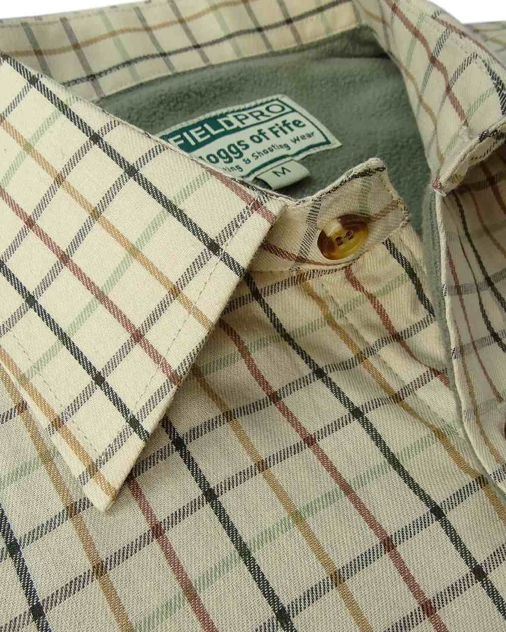 Birch Olive Tan Tattersall Coloured Hoggs of Fife Micro Fleece Lined Shirt on white background #colour_birch-olive-tan-tattersall