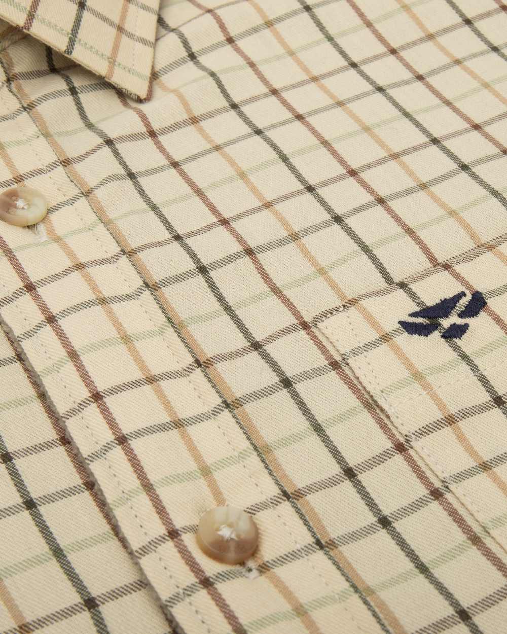 Birch Olive Tan Tattersall Coloured Hoggs of Fife Micro Fleece Lined Shirt on white background #colour_birch-olive-tan-tattersall