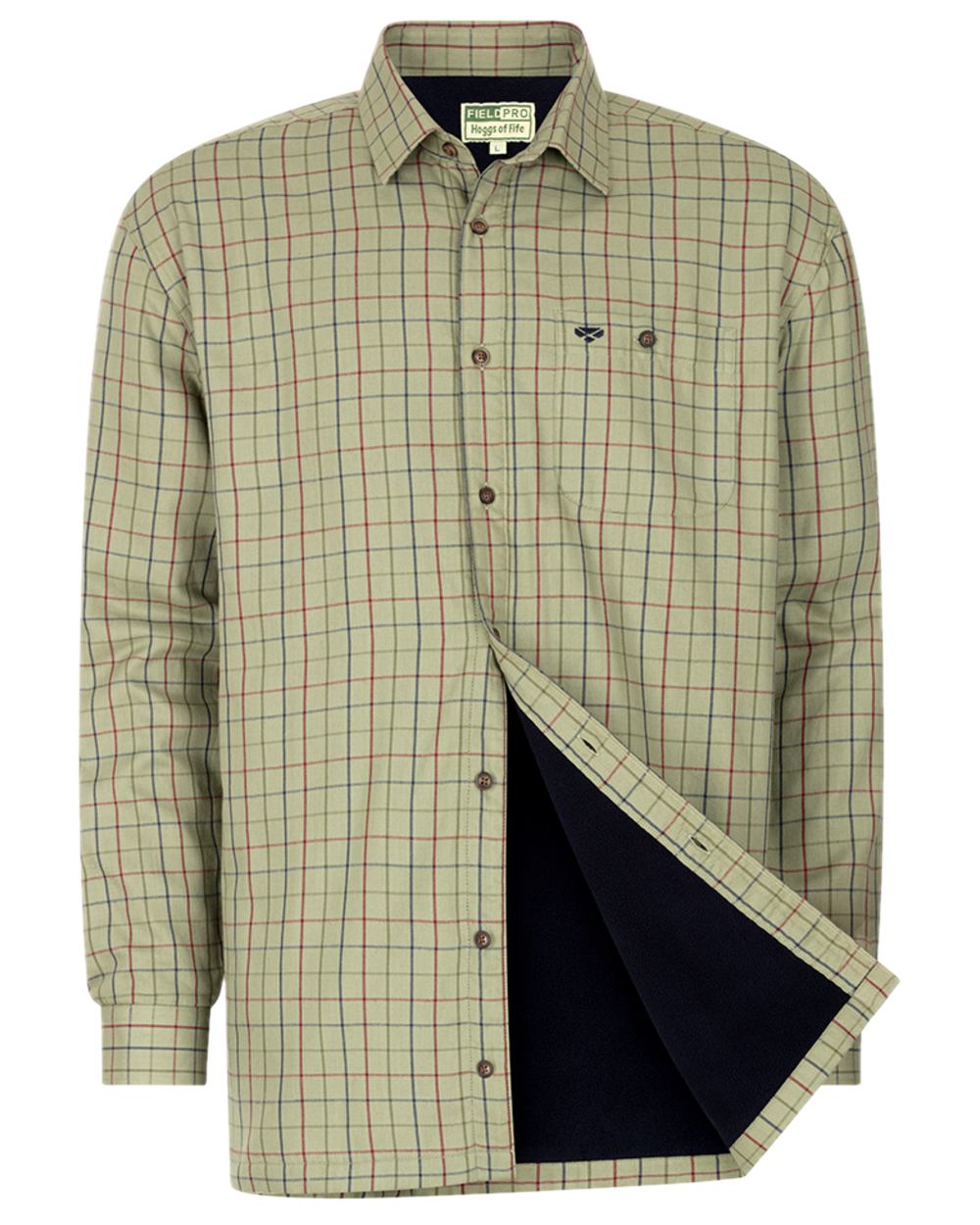Boxwood Green Tattersall Coloured Hoggs of Fife Micro Fleece Lined Shirt on white background #colour_boxwood-green-tattersall