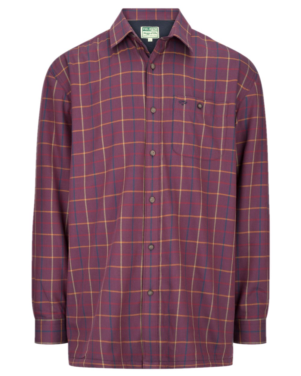 Bramble Wine Check Coloured Hoggs of Fife Micro Fleece Lined Shirt on white background #colour_bramble-wine-check
