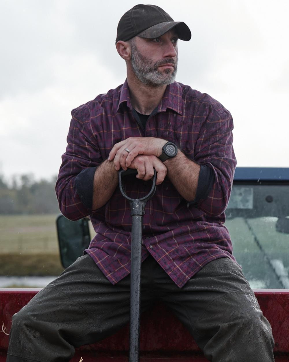 Bramble Wine Check Coloured Hoggs of Fife Micro Fleece Lined Shirt on countryside background #colour_bramble-wine-check