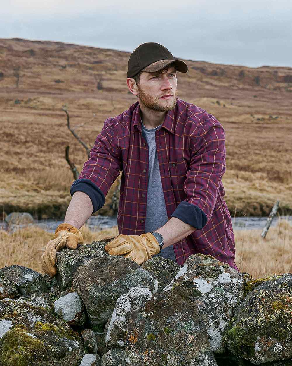 Bramble Wine Check Coloured Hoggs of Fife Micro Fleece Lined Shirt on mountain background #colour_bramble-wine-check