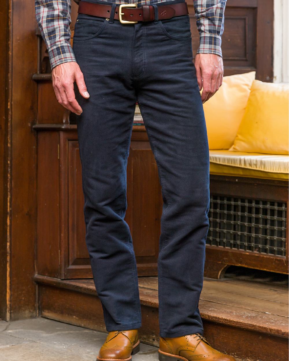 Navy Coloured Hoggs of Fife Monarch II Moleskin Jeans on room background #colour_navy