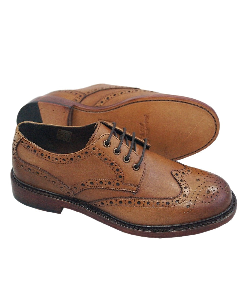 Burnished Tan Coloured Hoggs of Fife Muirfield All Leather Brogue Shoes on white background #colour_burnished-tan