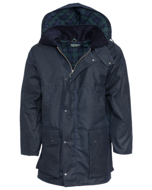 Navy Coloured Hoggs of Fife Padded Waxed Jacket on white background #colour_navy