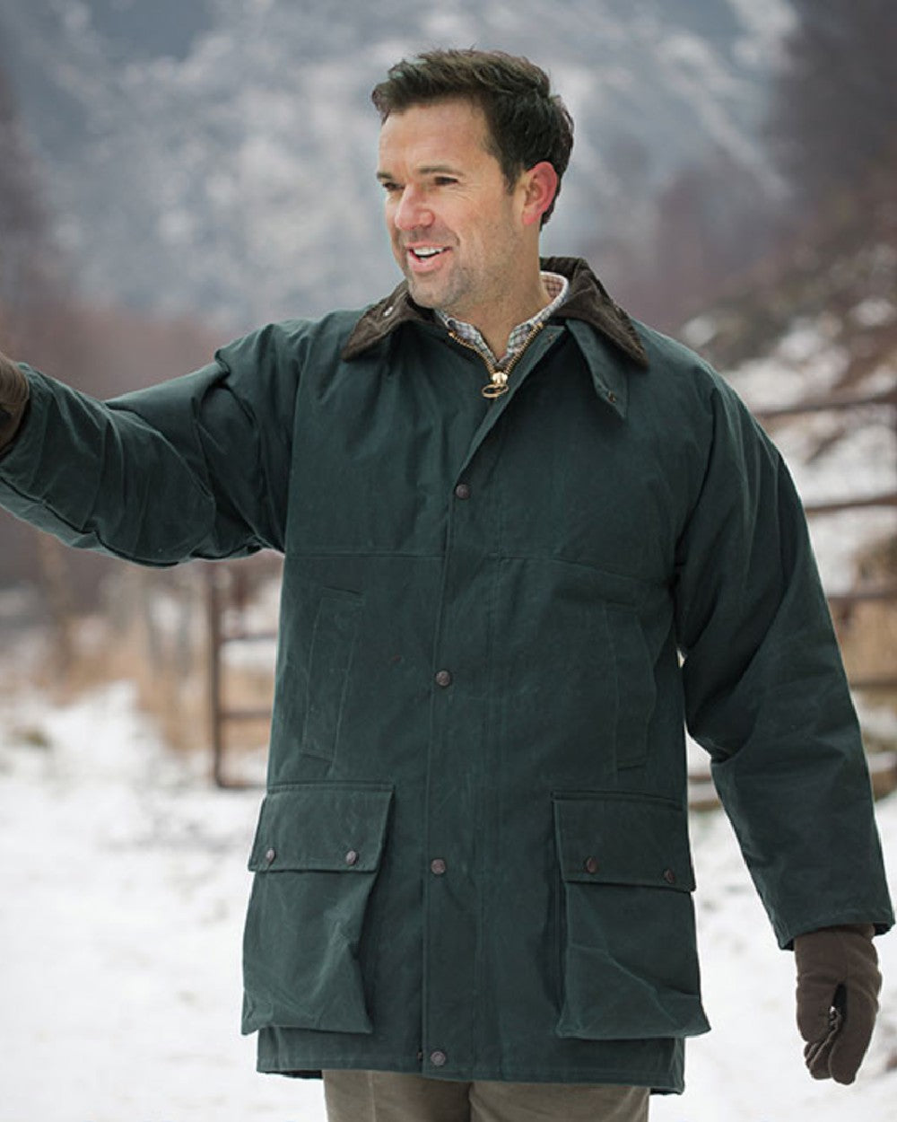 Olive Coloured Hoggs of Fife Padded Waxed Jacket on snow background #colour_olive