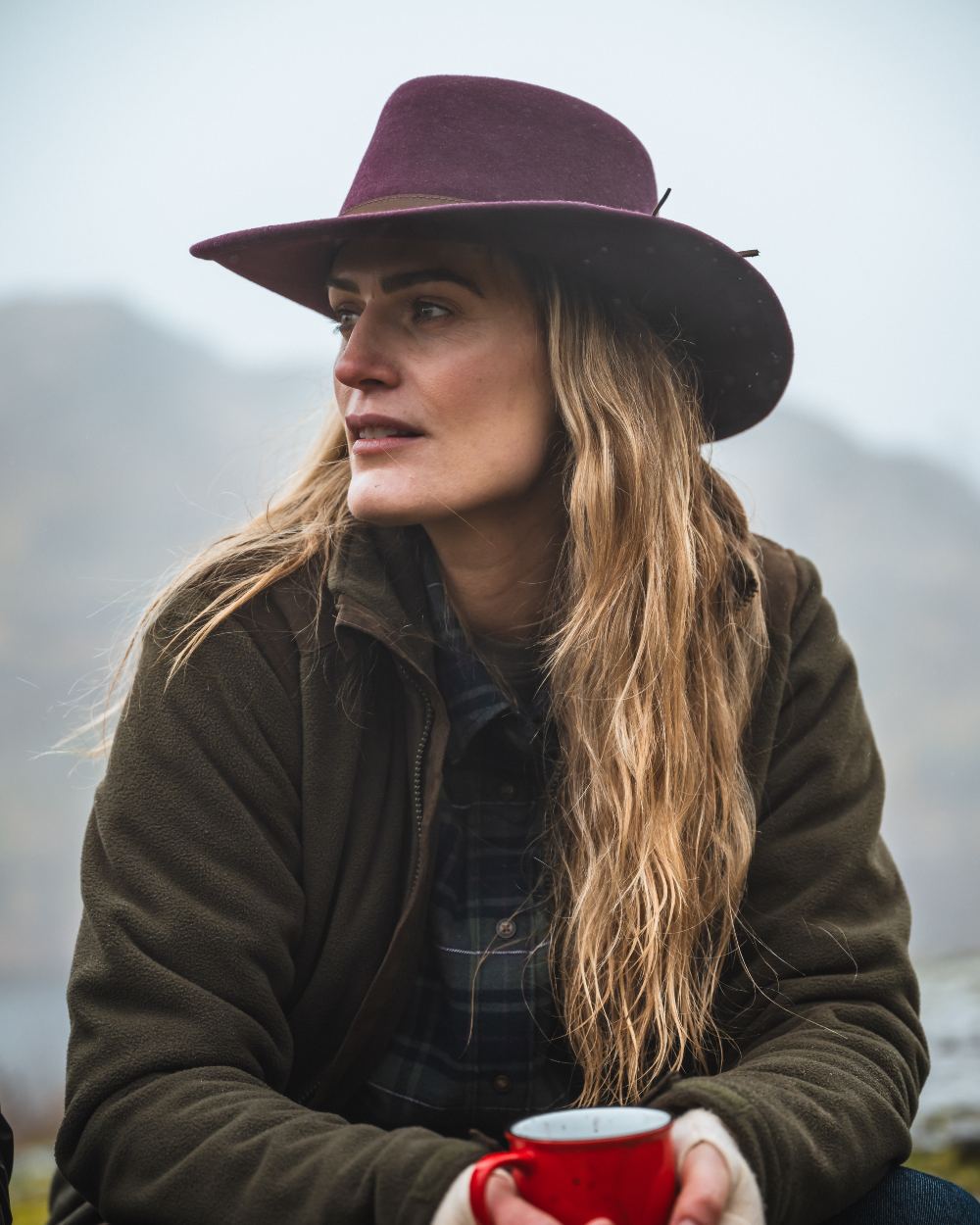 Merlot Coloured Hoggs of Fife Perth Crushable Felt Hat on fog background #colour_merlot