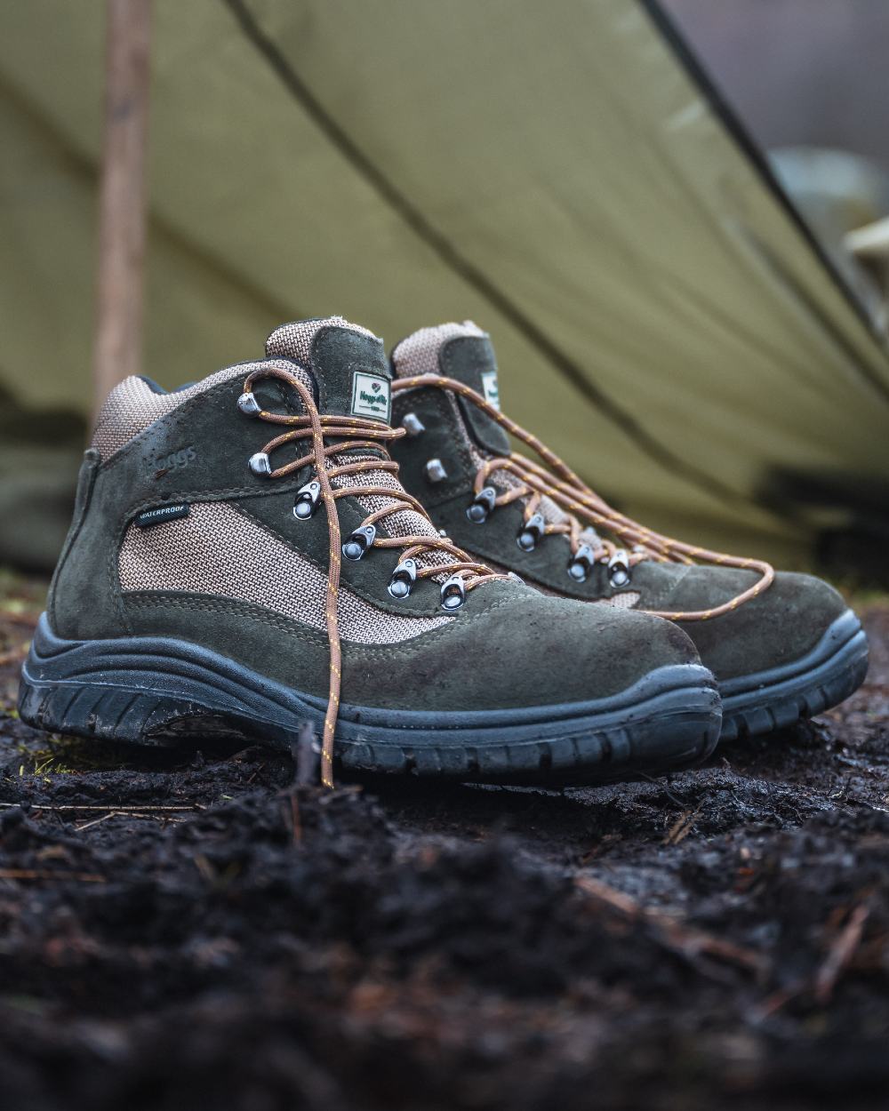Fern Green Coloured Hoggs of Fife Rambler Waterproof Hiking Boots on tent background #colour_fern-green