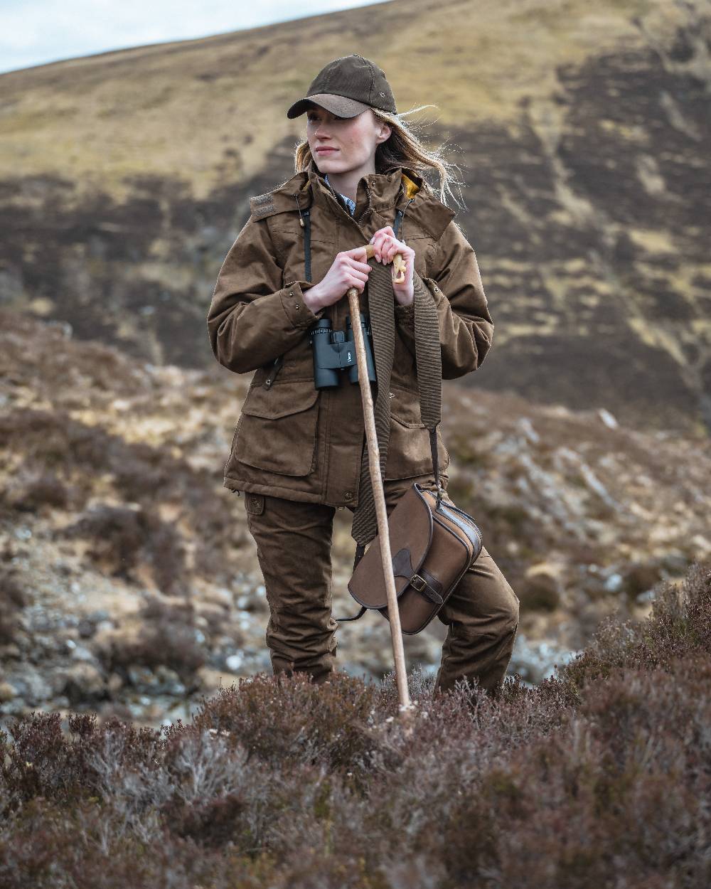 Field Green Coloured Hoggs of Fife Rannoch Ladies Hunting Jacket on mountain background #colour_field-green