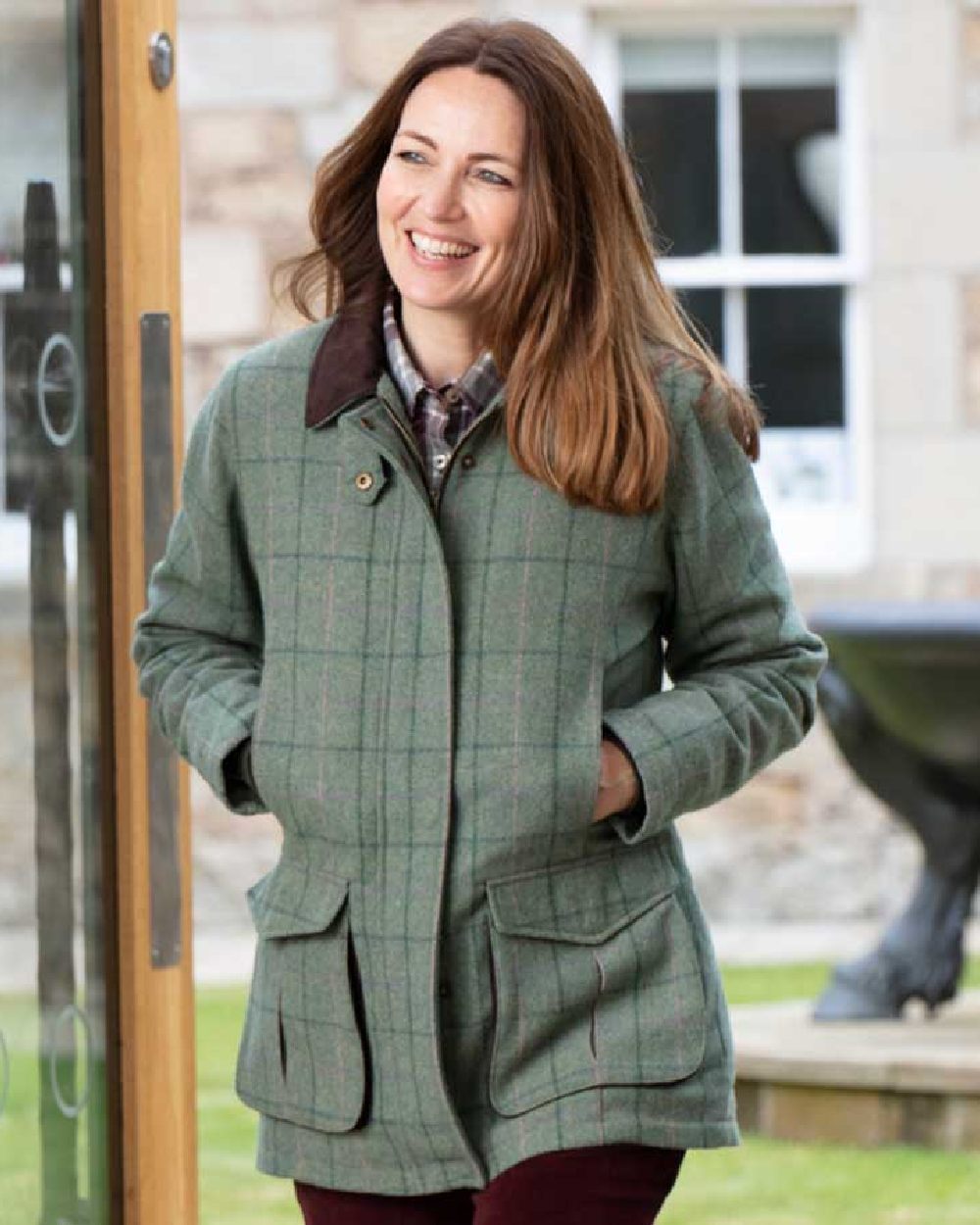 Spring Bracken Coloured Hoggs of Fife Roslin Ladies Technical Tweed Field Coat on door background #colour_spring-bracken