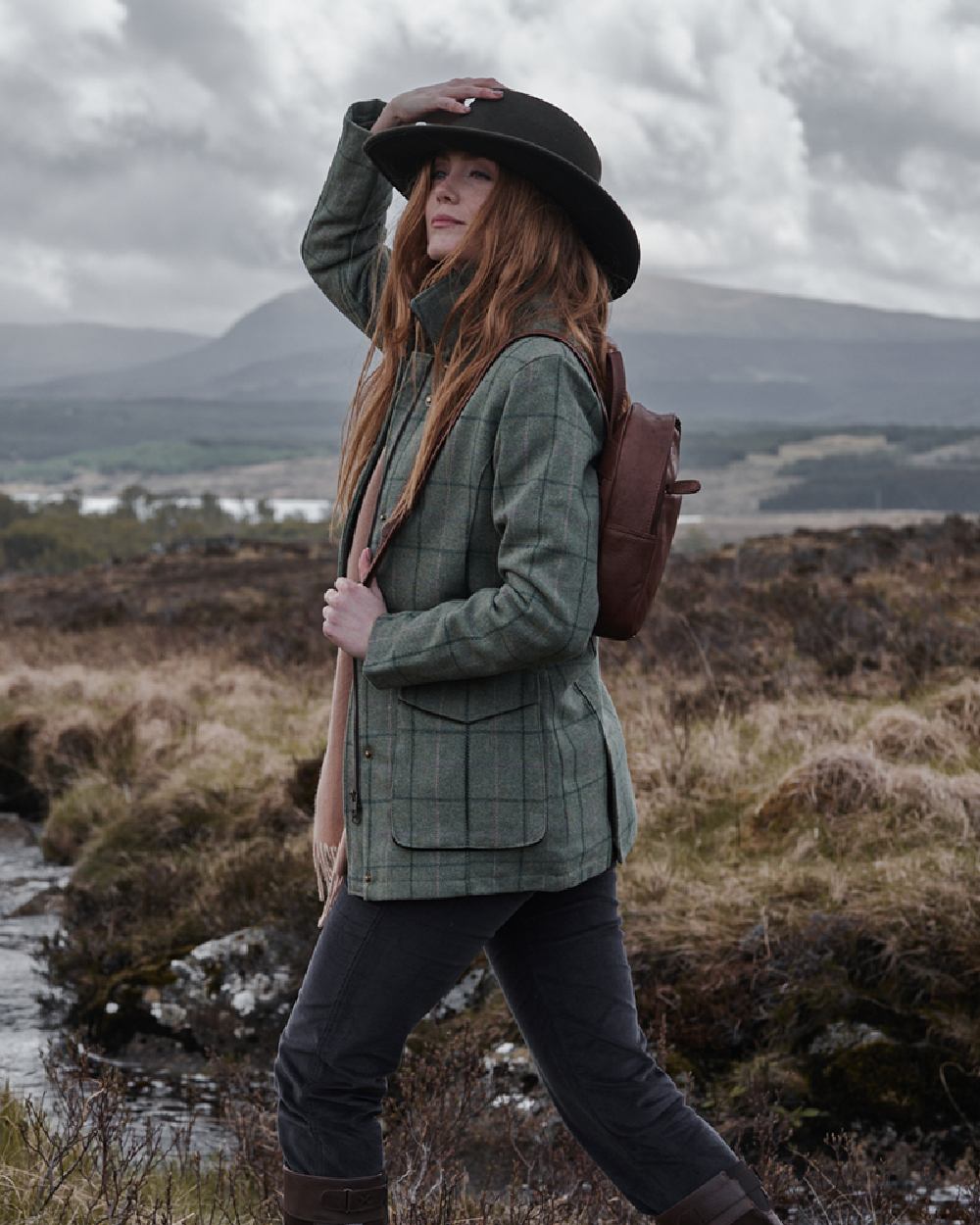 Spring Bracken Coloured Hoggs of Fife Roslin Ladies Technical Tweed Field Coat on countryside background #colour_spring-bracken