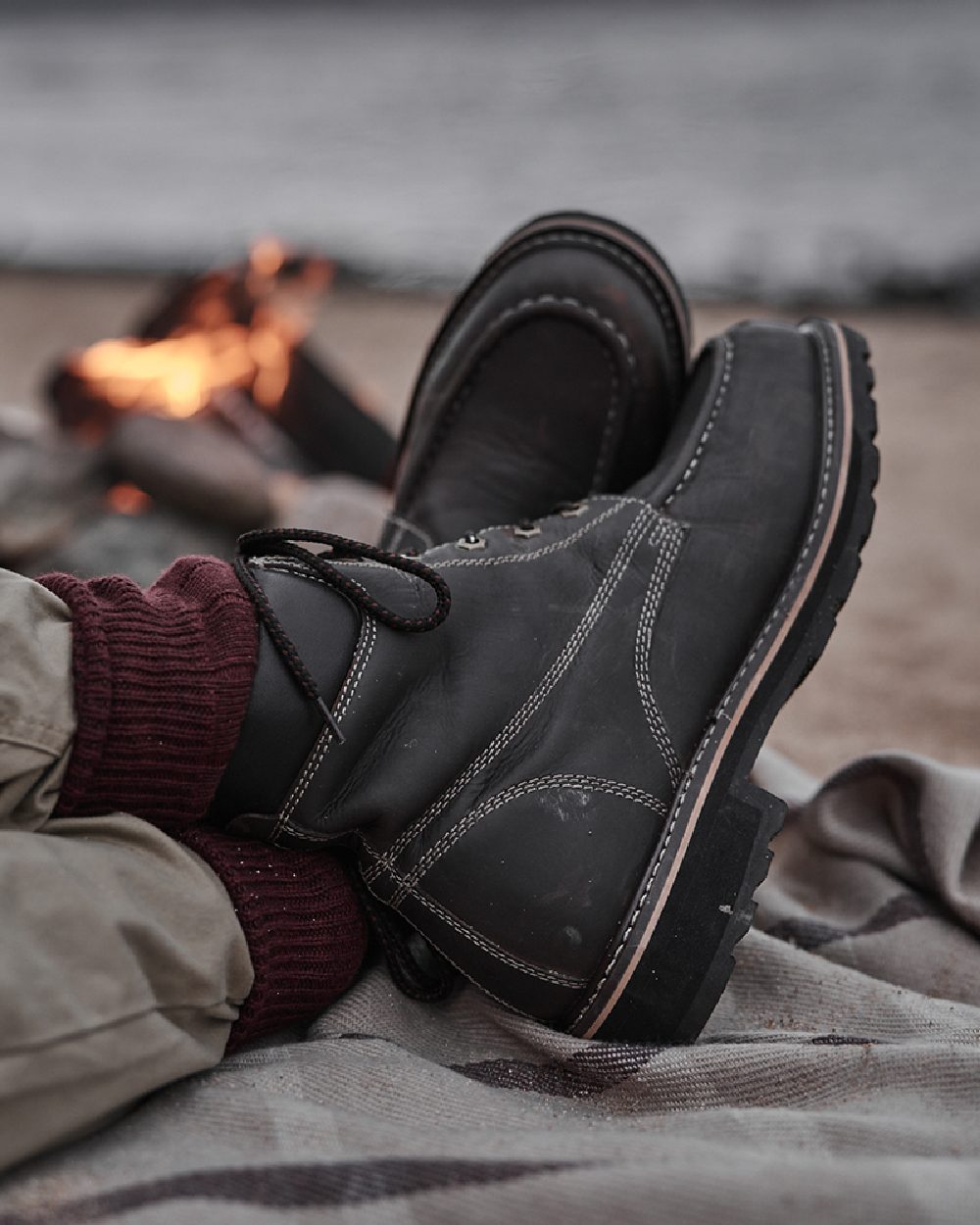 Oak Brown Coloured Hoggs of Fife Selkirk Moc Work Boots on bonfire background #colour_oak-brown