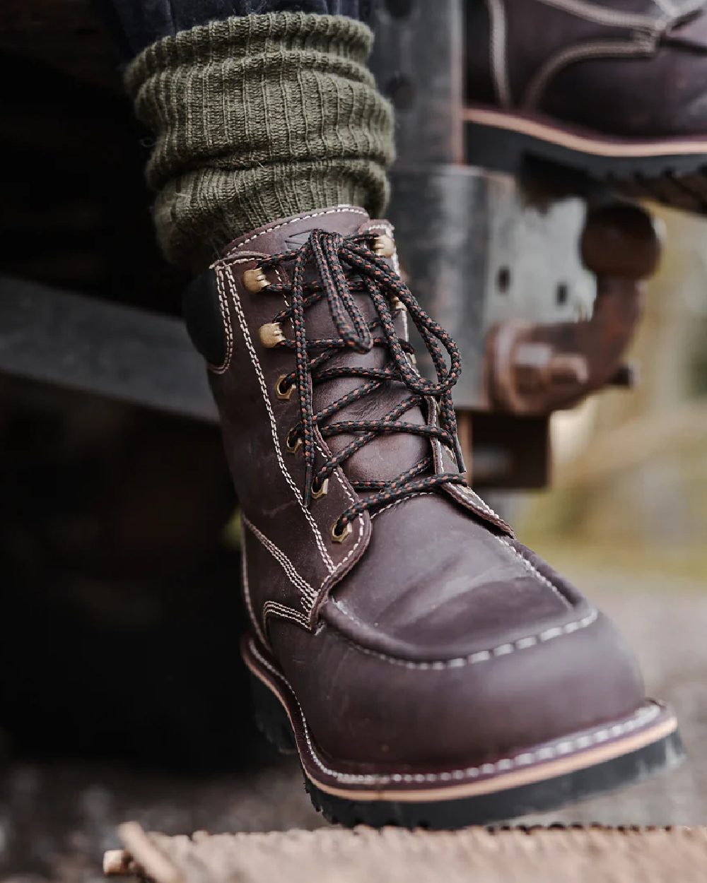 Oak Brown Coloured Hoggs of Fife Selkirk Moc Work Boots on car background #colour_oak-brown