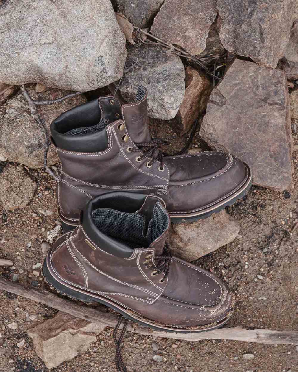 Oak Brown Coloured Hoggs of Fife Selkirk Moc Work Boots on land background #colour_oak-brown