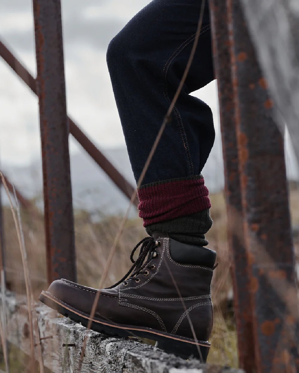 Oak Brown Coloured Hoggs of Fife Selkirk Moc Work Boots on countryside background #colour_oak-brown