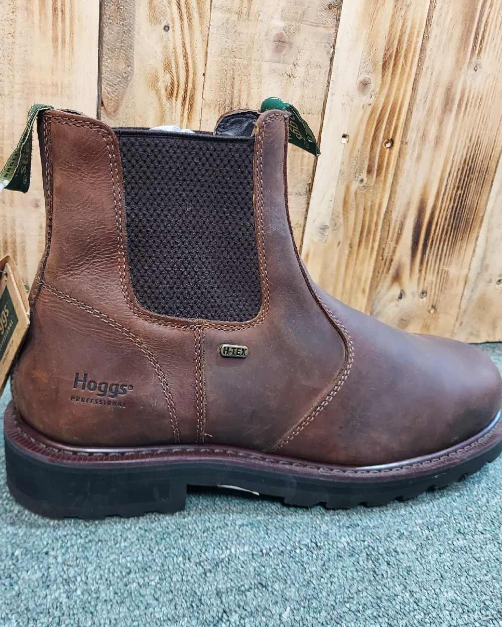 Crazy Horse Brown Coloured Hoggs of Fife Shire Pro Waterproof Dealer Boots on wood background #colour_crazy-horse-brown
