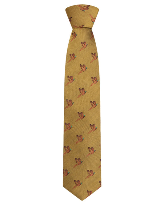 Gold Coloured Hoggs of Fife Silk Woven Tie Pheasants Boxed on white background #colour_gold
