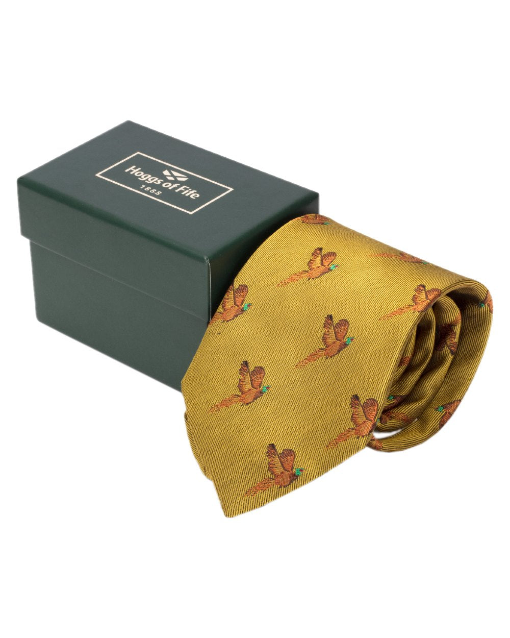 Gold Coloured Hoggs of Fife Silk Woven Tie Pheasants Boxed on white background #colour_gold