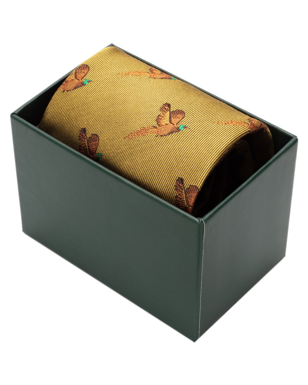 Gold Coloured Hoggs of Fife Silk Woven Tie Pheasants Boxed on white background #colour_gold