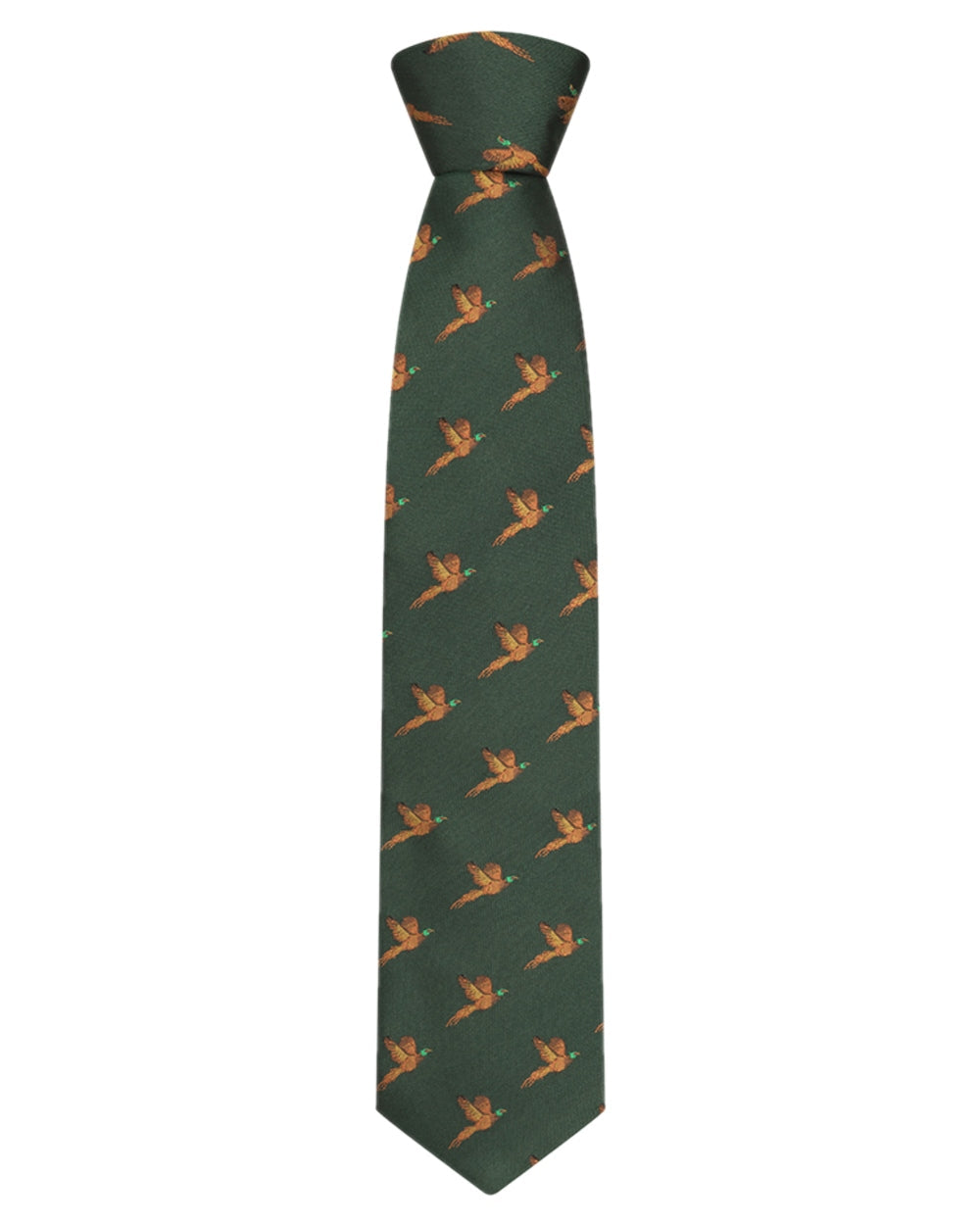Green Coloured Hoggs of Fife Silk Woven Tie Pheasants Boxed on white background #colour_green