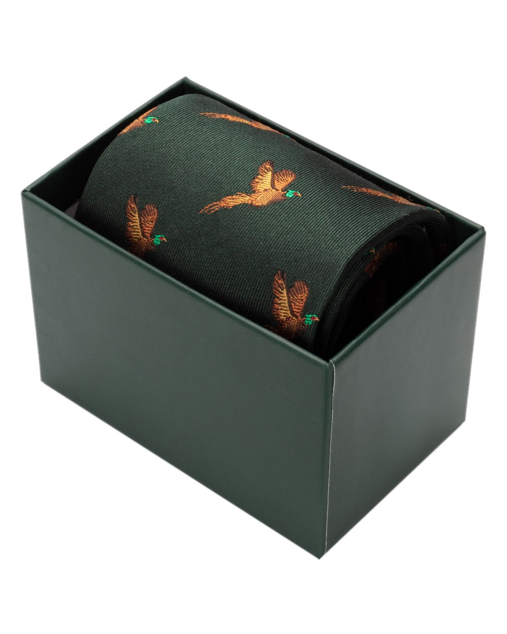 Green Coloured Hoggs of Fife Silk Woven Tie Pheasants Boxed on white background #colour_green