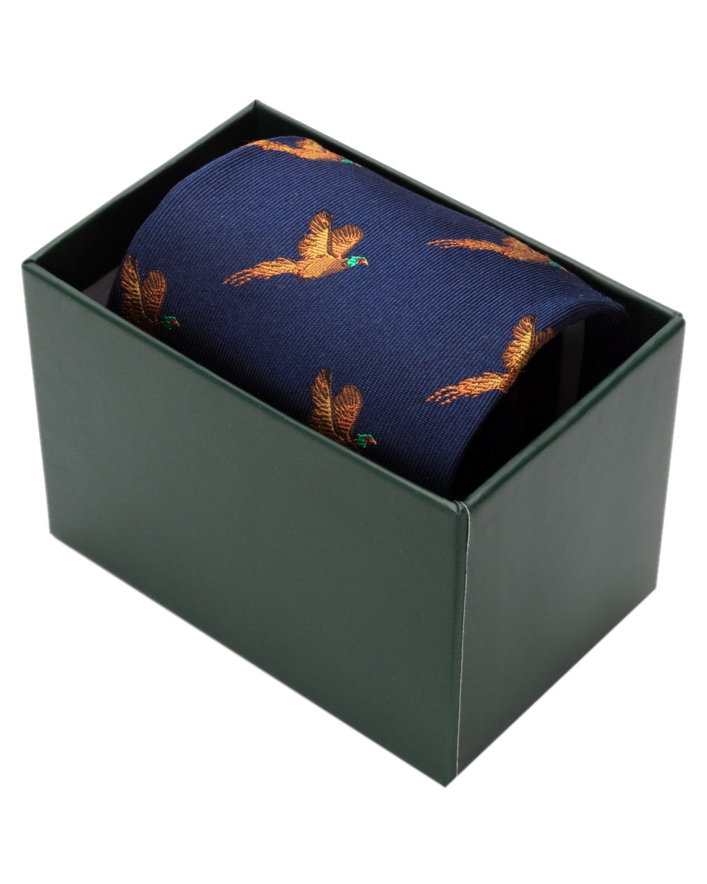 Navy Coloured Hoggs of Fife Silk Woven Tie Pheasants Boxed on white background #colour_navy