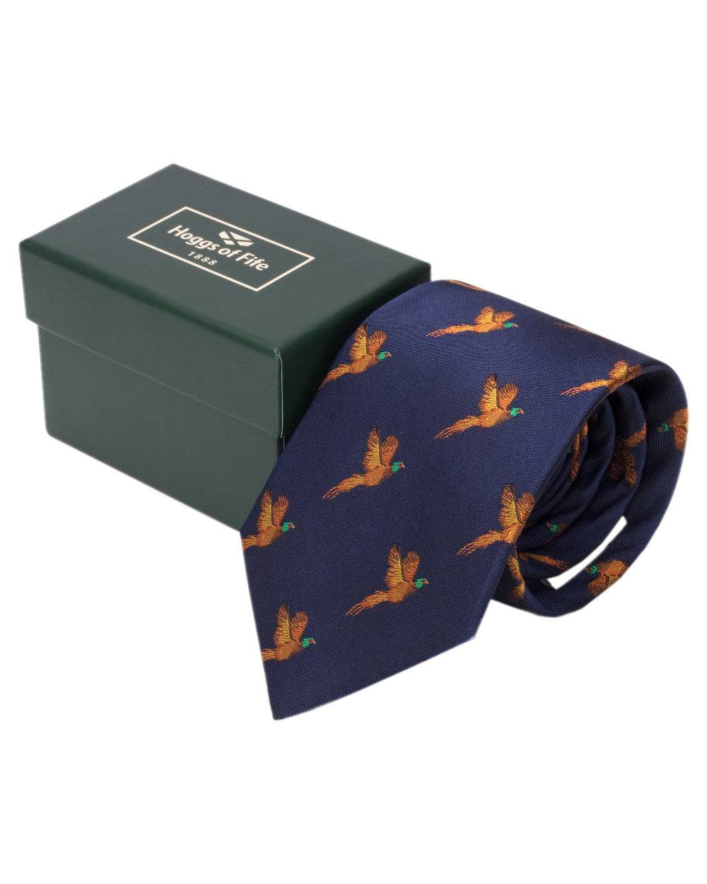Navy Coloured Hoggs of Fife Silk Woven Tie Pheasants Boxed on white background #colour_navy
