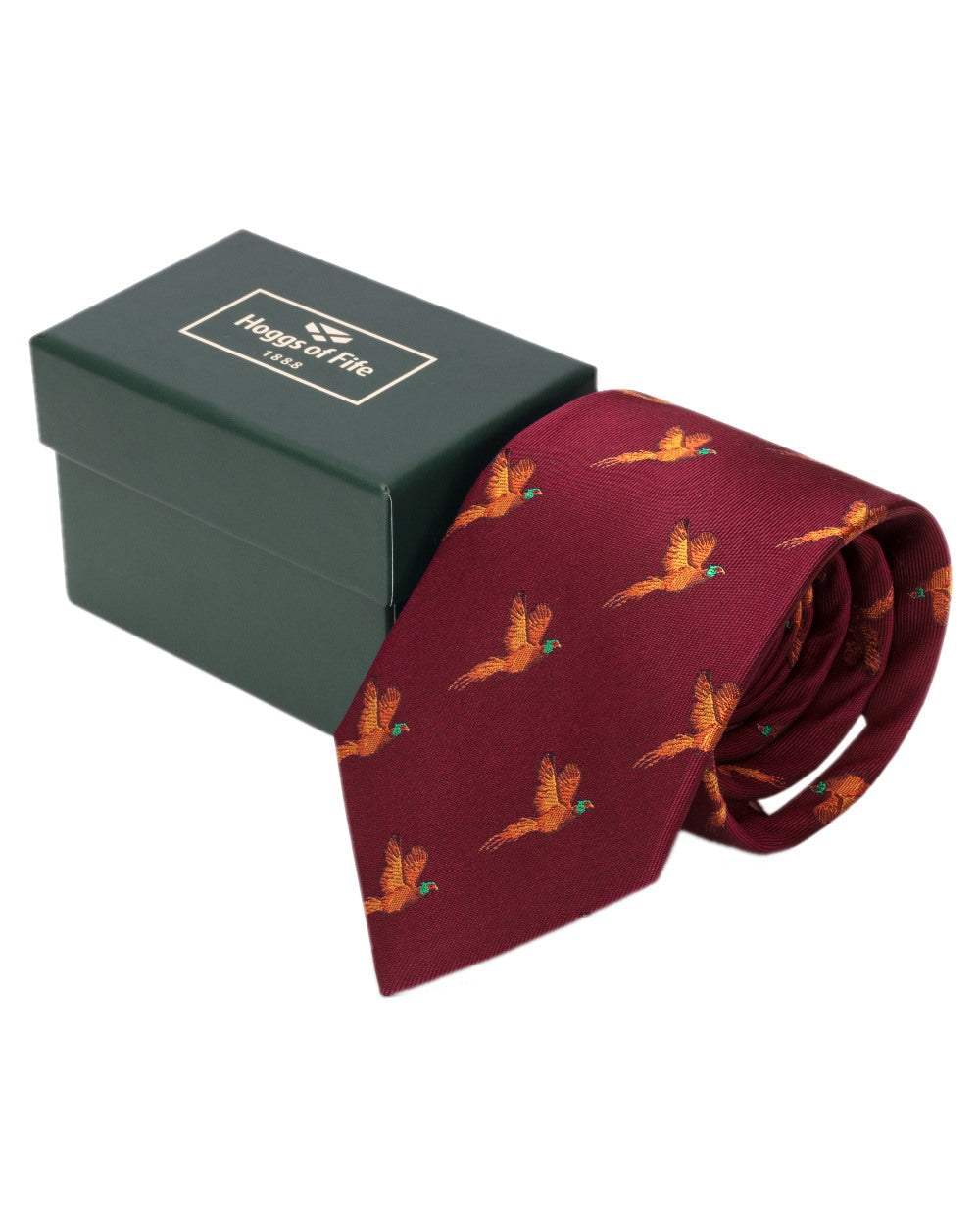 Wine Coloured Hoggs of Fife Silk Woven Tie Pheasants Boxed on white background #colour_wine